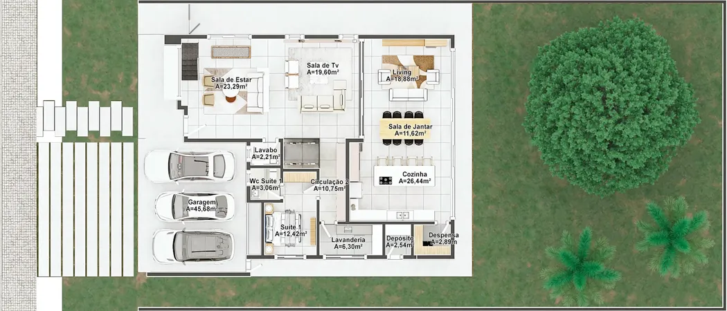 Planta baixa detalhada de sobrado moderno, destacando 4 suítes, amplo living, sala de jantar, cozinha espaçosa e área de serviço. Visualização aérea com layout dos cômodos e garagem.