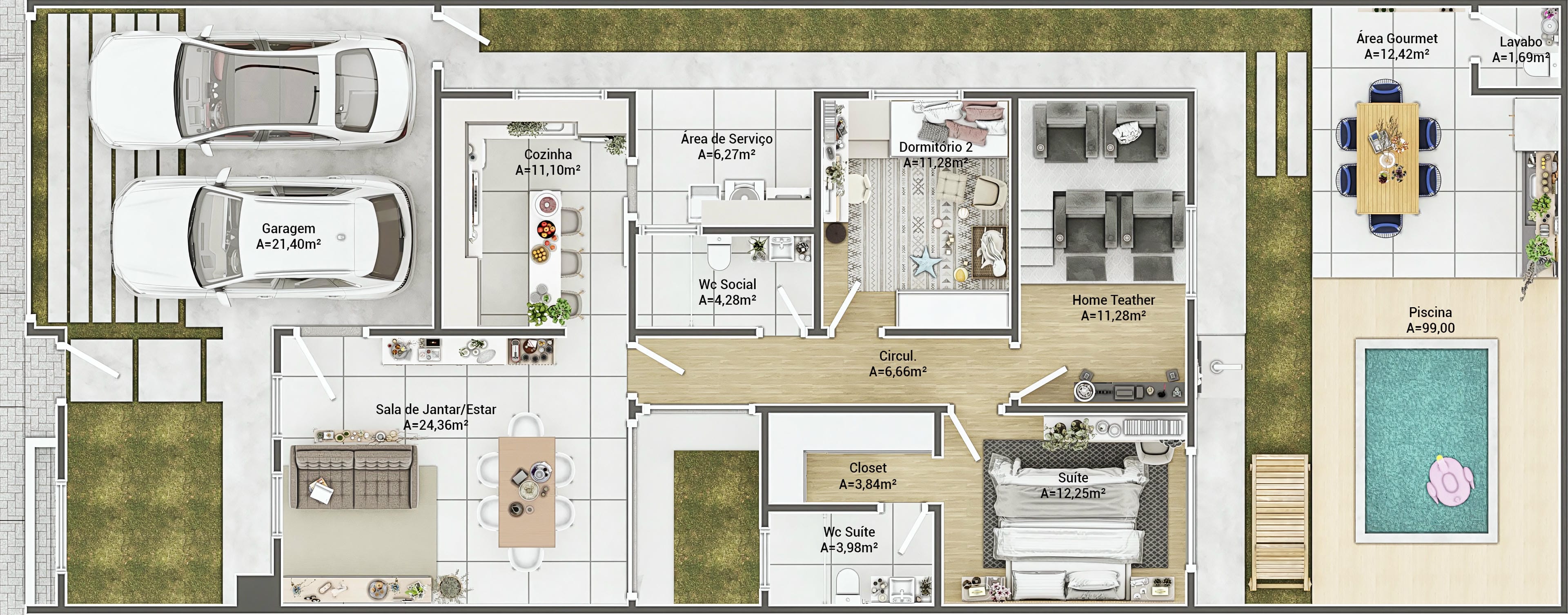 Planta baixa de casa térrea moderna com 2 quartos, sendo 1 suíte, 3 banheiros, sala de jantar/estar integrada, cozinha, área de serviço, home theater, área gourmet com piscina e garagem para 1 vaga.