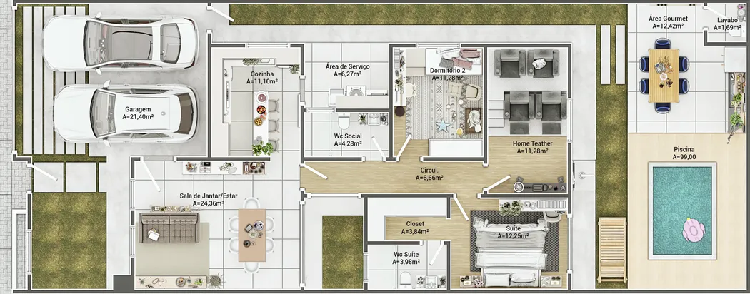 Planta baixa de casa térrea moderna com 2 quartos, sendo 1 suíte, 3 banheiros, sala de jantar/estar integrada, cozinha, área de serviço, home theater, área gourmet com piscina e garagem para 1 vaga.