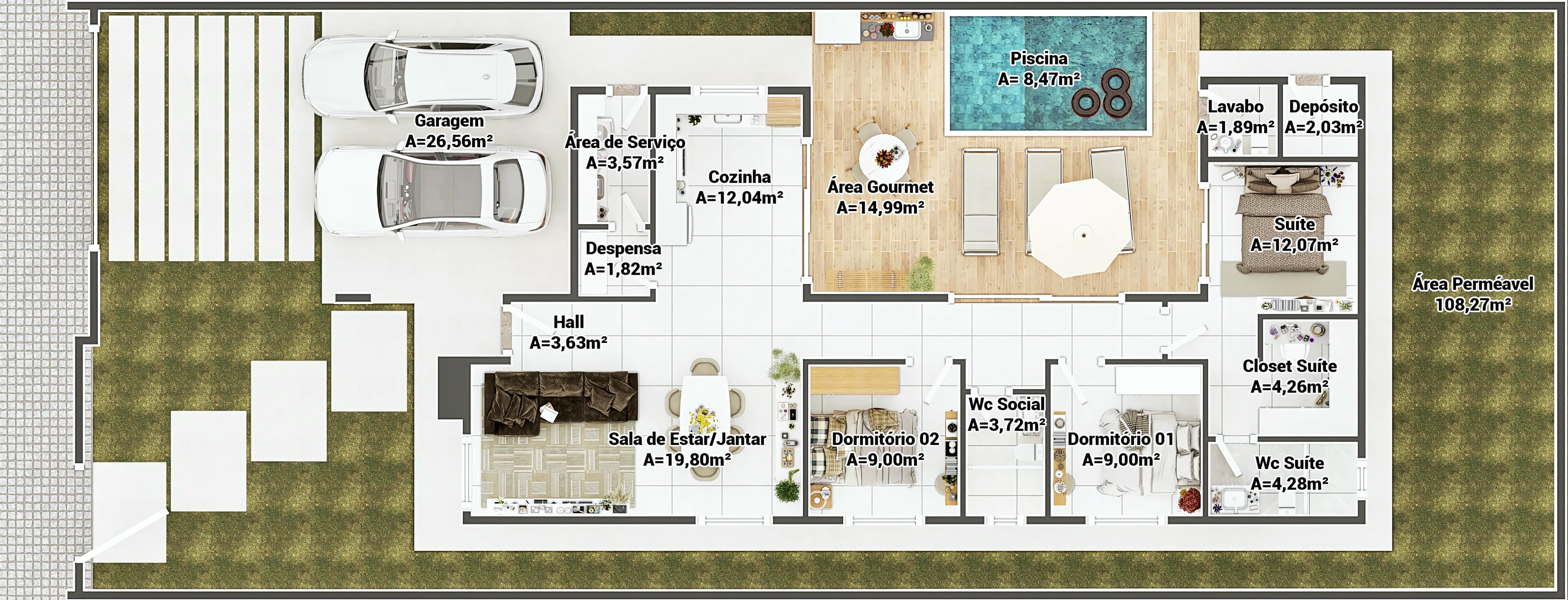 Planta baixa de casa térrea moderna com 3 quartos, suíte, 3 banheiros, garagem para 2 carros, área gourmet, piscina e área permeável.
