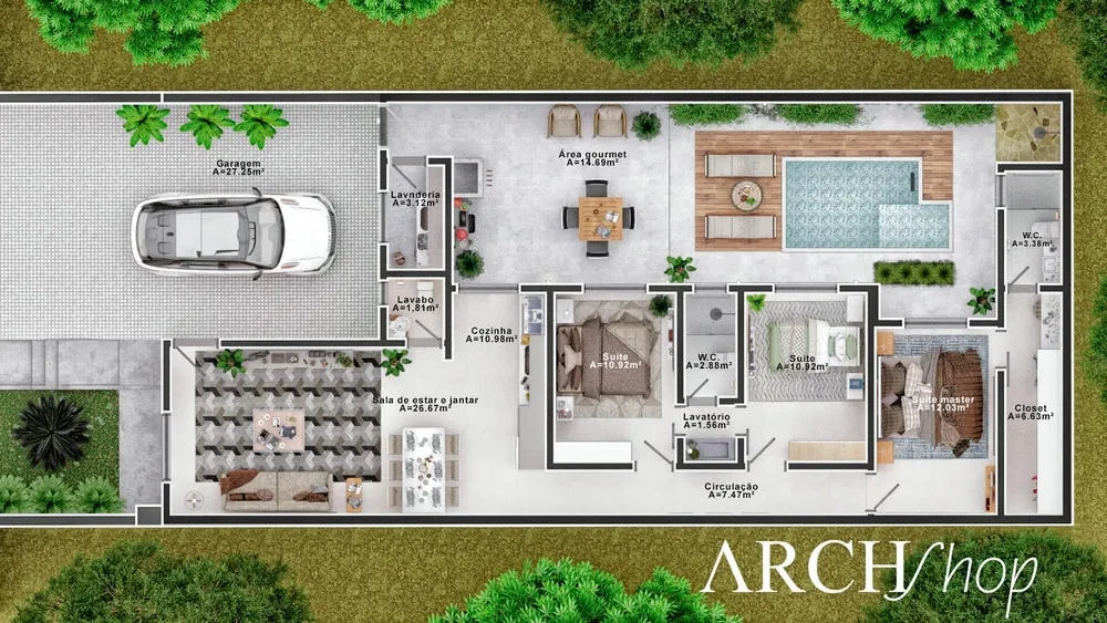 Planta humanizada de casa térrea com três suítes, área gourmet e piscina.