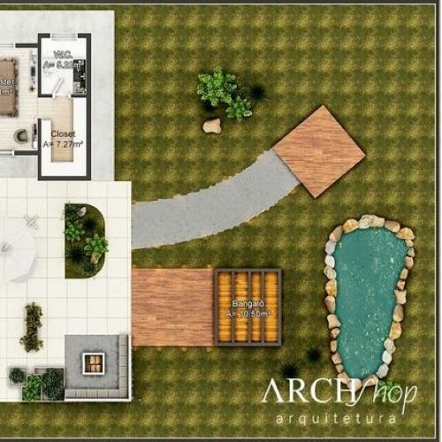 Vista aérea de planta baixa de casa térrea com quarto master, closet, WC, bangalô, lago ornamental e área externa com paisagismo.
