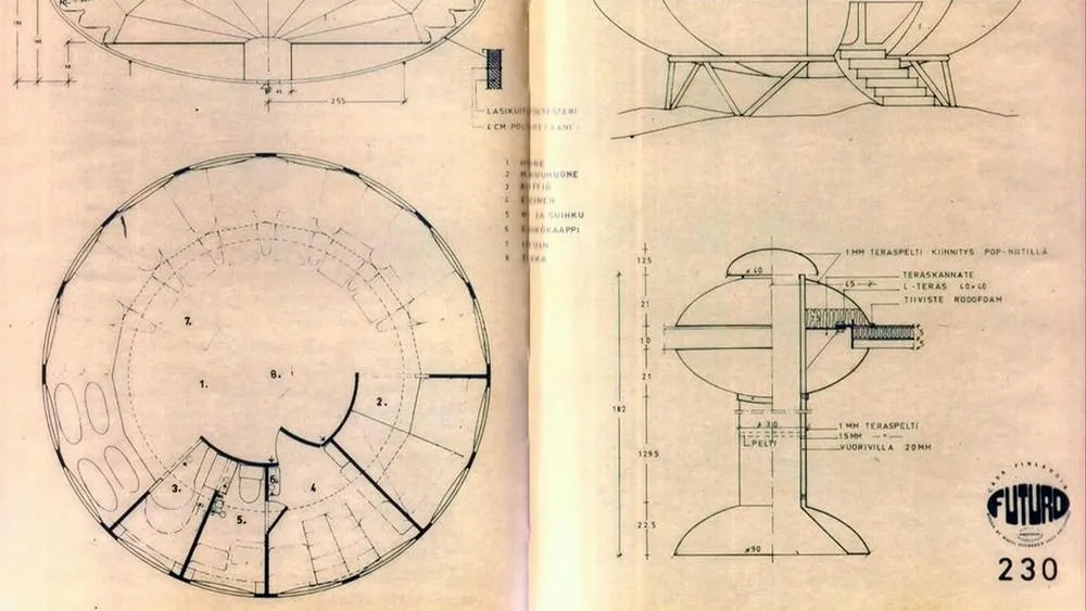 Uma planta baixa detalhada e desenhos técnicos da Futuro House, mostrando as dimensões, a estrutura e os materiais utilizados. Notas e medidas em finlandês e francês estão presentes nos desenhos, que explicam a construção modular da casa.