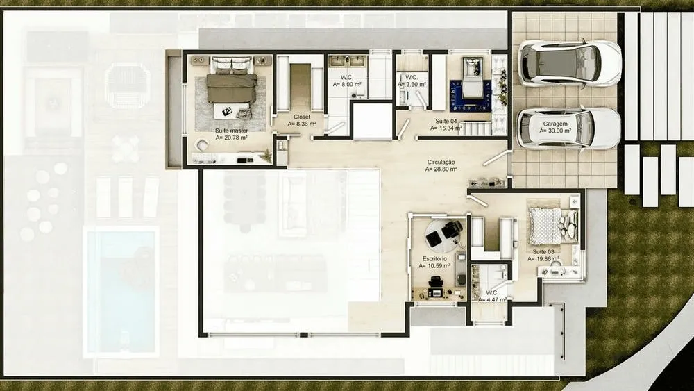 Planta baixa do pavimento térreo de uma casa com 5 suítes, mostrando hall, sala e cozinha.