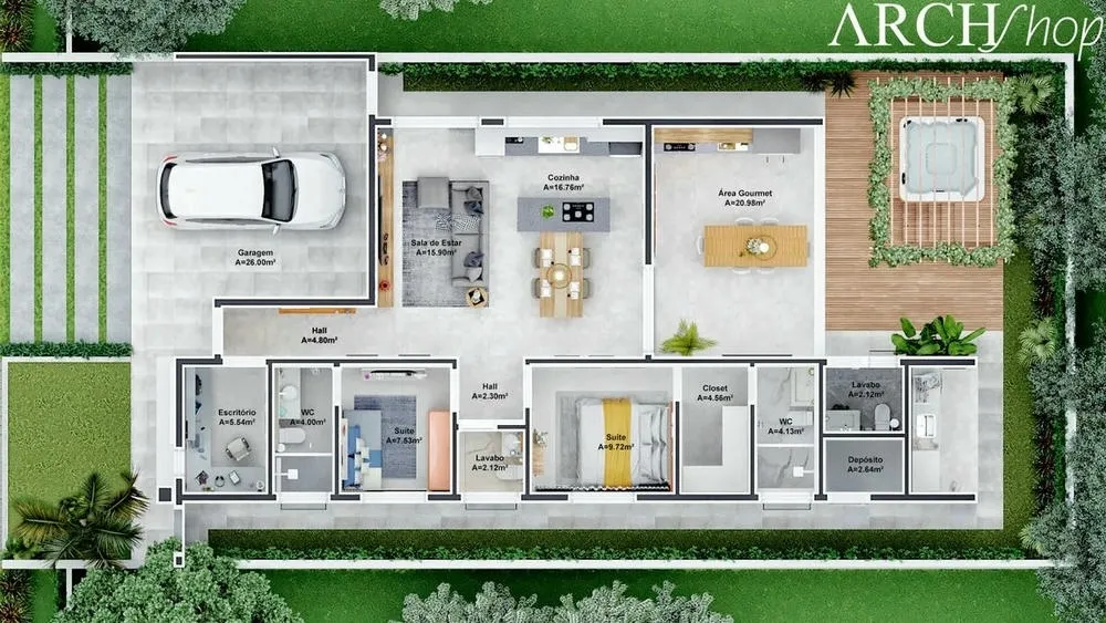 Planta baixa humanizada do Projeto Londres, com duas suítes e área gourmet.