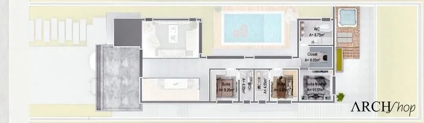Planta baixa do pavimento superior de um sobrado em aclive, com quartos e banheiros.