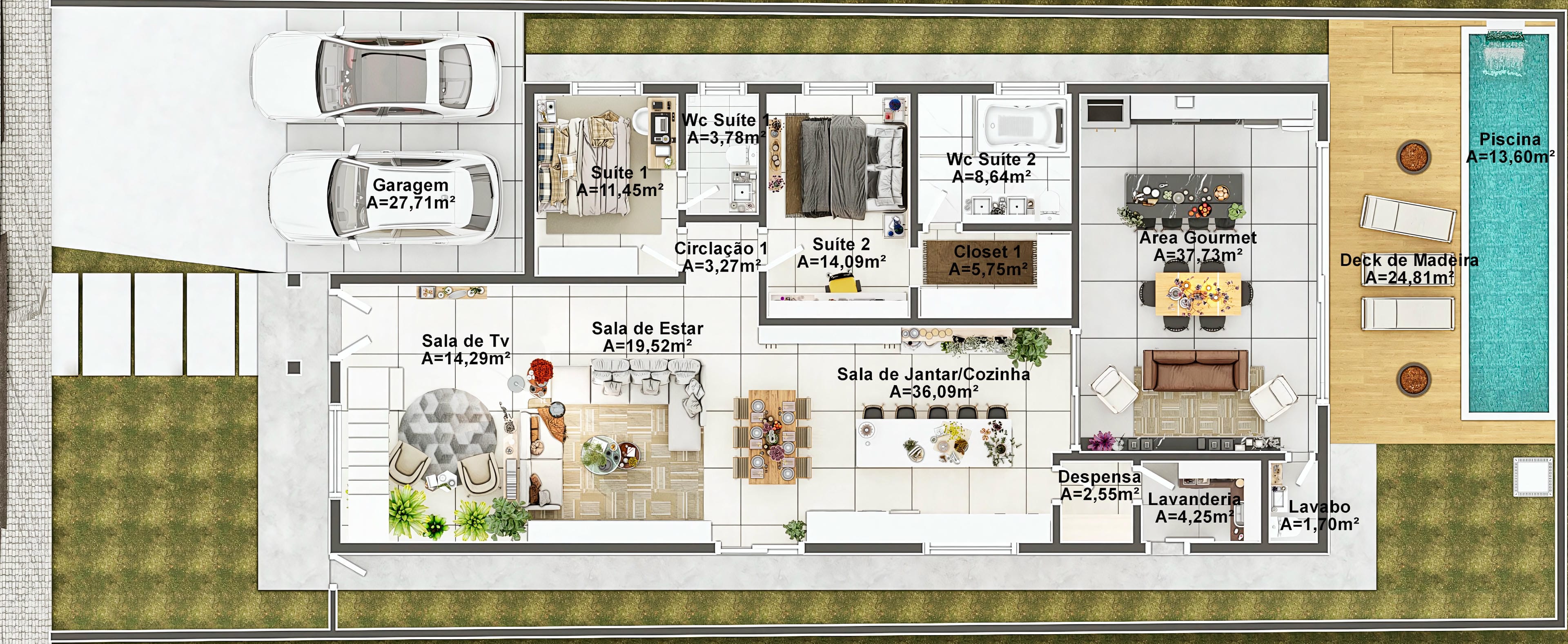 Planta baixa detalhada de sobrado com 4 suítes, sala de estar, sala de jantar/cozinha integrada, área gourmet, piscina e deck de madeira.