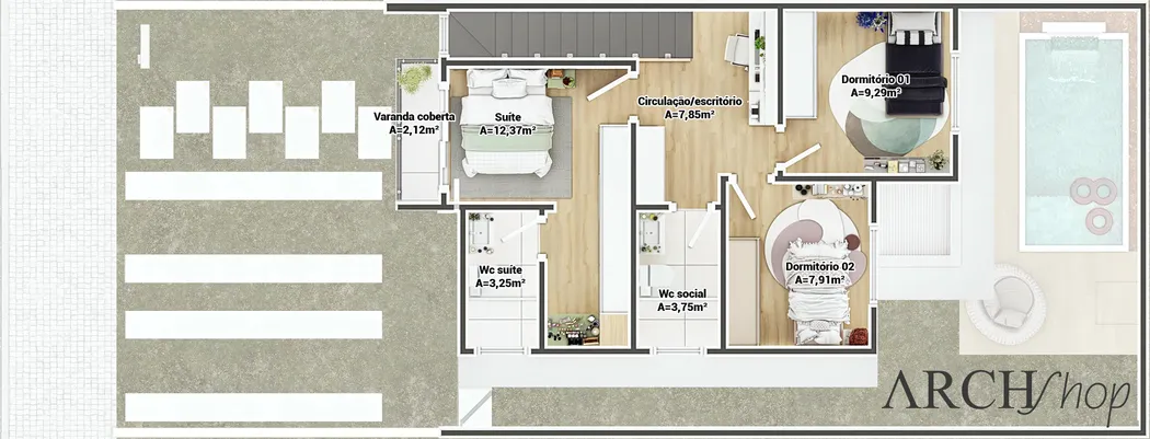 Planta baixa detalhada de sobrado compacto, mostrando a distribuição interna com suíte, dois dormitórios, escritório, banheiros, área gourmet e piscina.