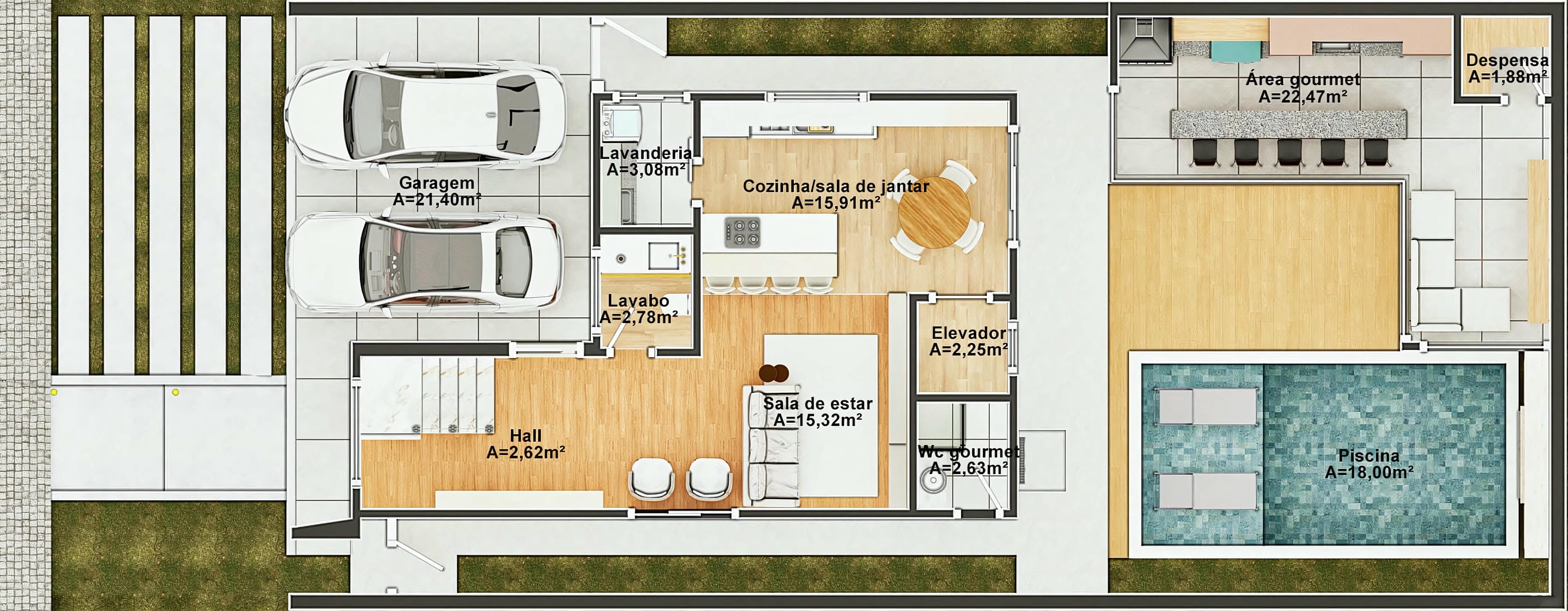 Planta baixa de sobrado com 3 dormitórios, 1 suíte, 4 banheiros, sala de estar, cozinha integrada à sala de jantar, área gourmet e piscina em terreno 10x25.