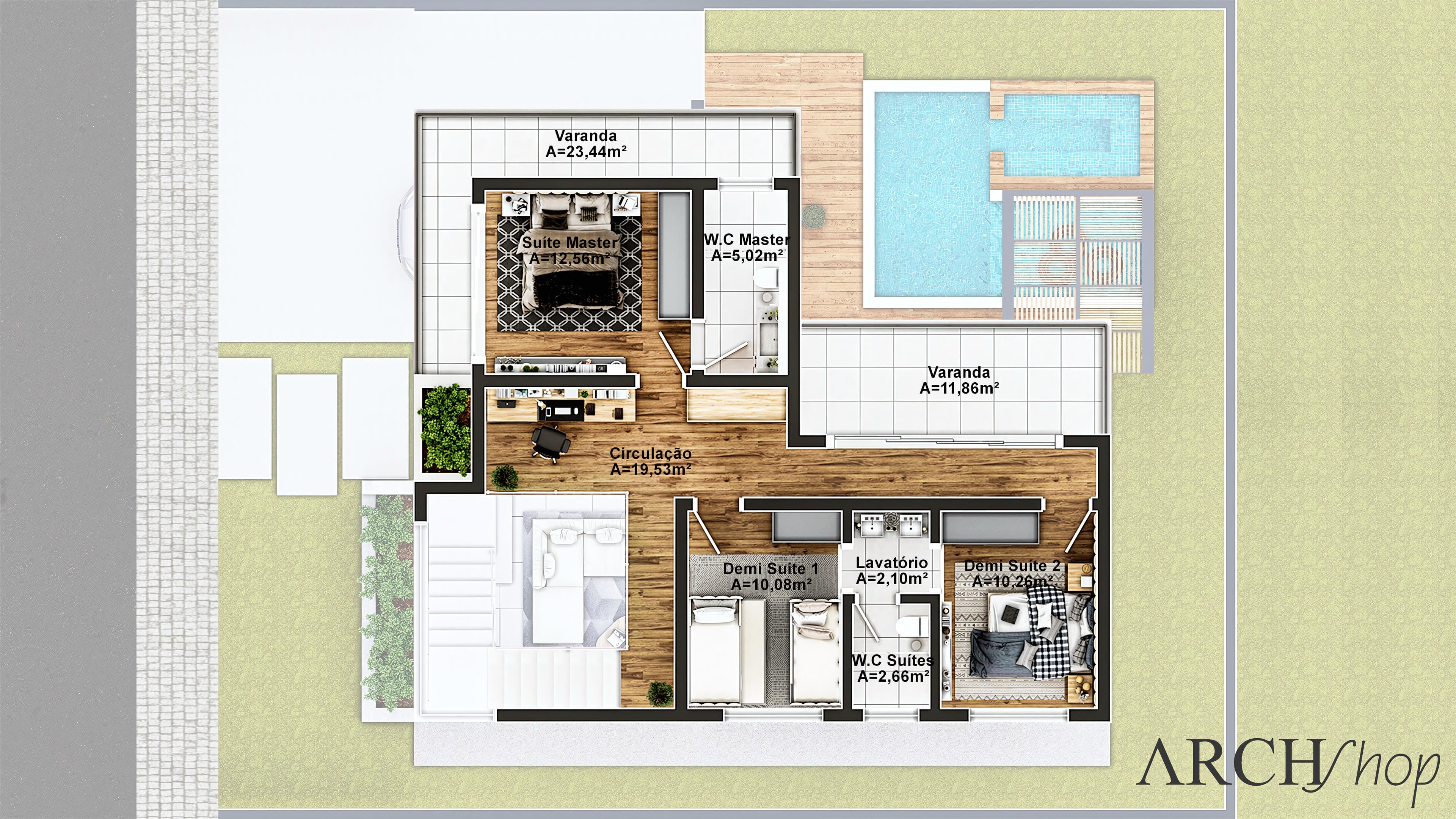 Planta baixa de sobrado moderno com 3 suítes, escritório, área gourmet, piscina e varandas amplas.