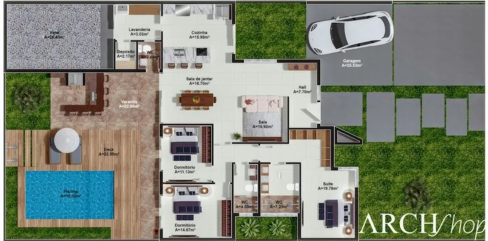 Planta baixa do Projeto Sydney, mostrando a fluidez entre os ambientes e os 3 dormitórios.