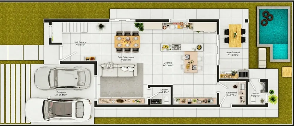 Planta humanizada do pavimento térreo de um sobrado com sala, cozinha, lavabo e área gourmet.