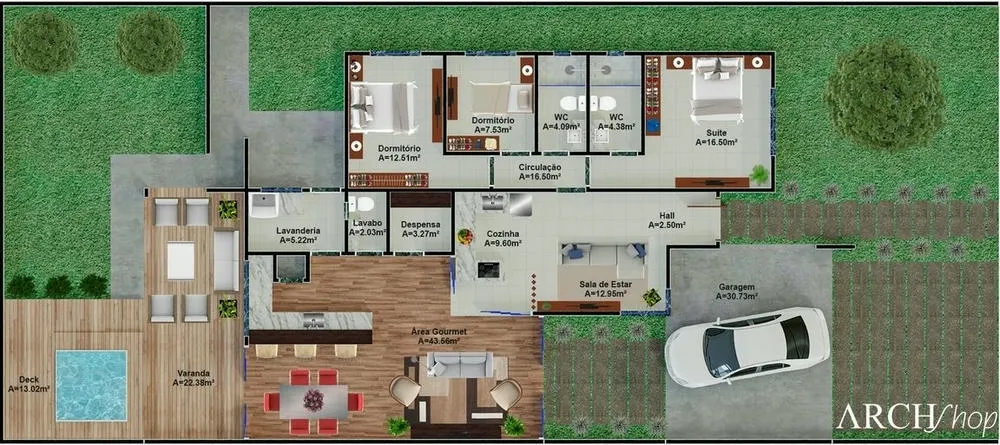 Planta baixa humanizada do Projeto Texas, uma casa térrea com piscina e deck integrados à área gourmet.