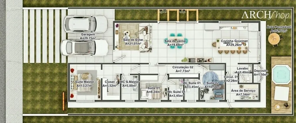 Planta baixa do Projeto Vancouver, mostrando a integração da cozinha gourmet com os ambientes sociais e os 3 quartos.