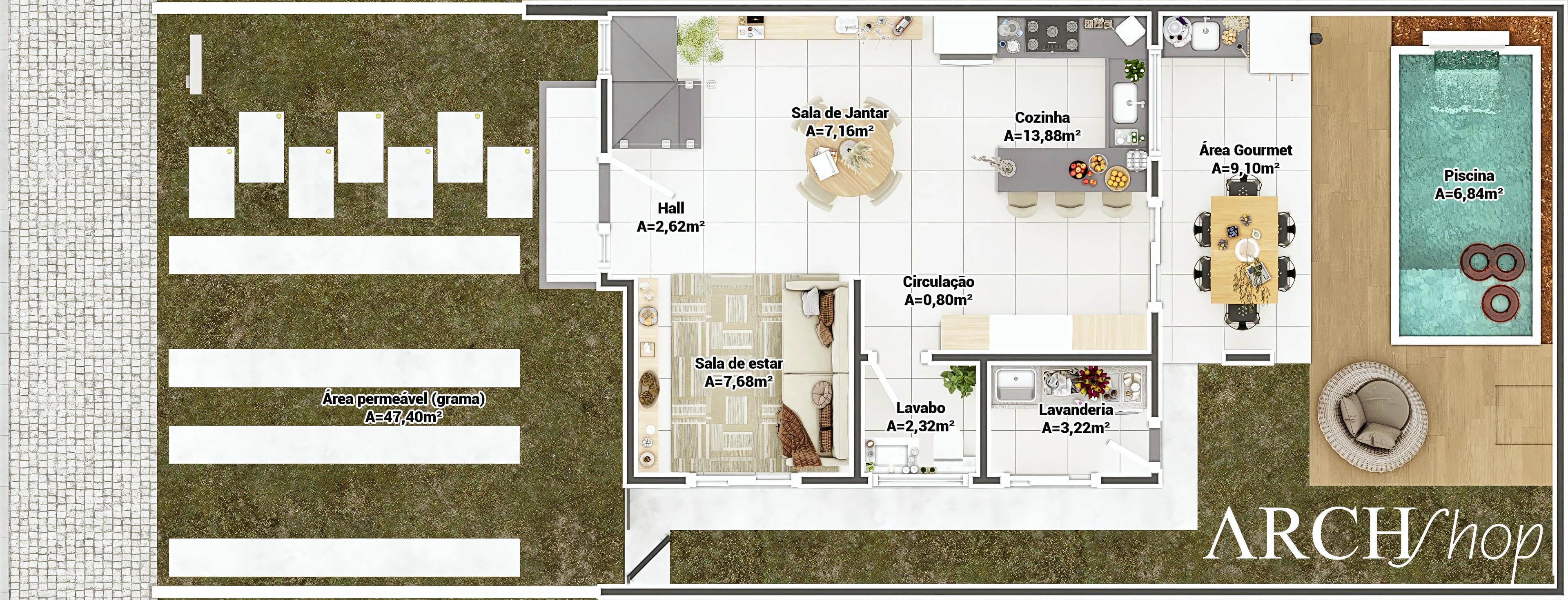 Planta baja detallada de casa de dos pisos moderna con 3 dormitorios, 1 suite, piscina, área gourmet y oficina en terreno de 8x19m.