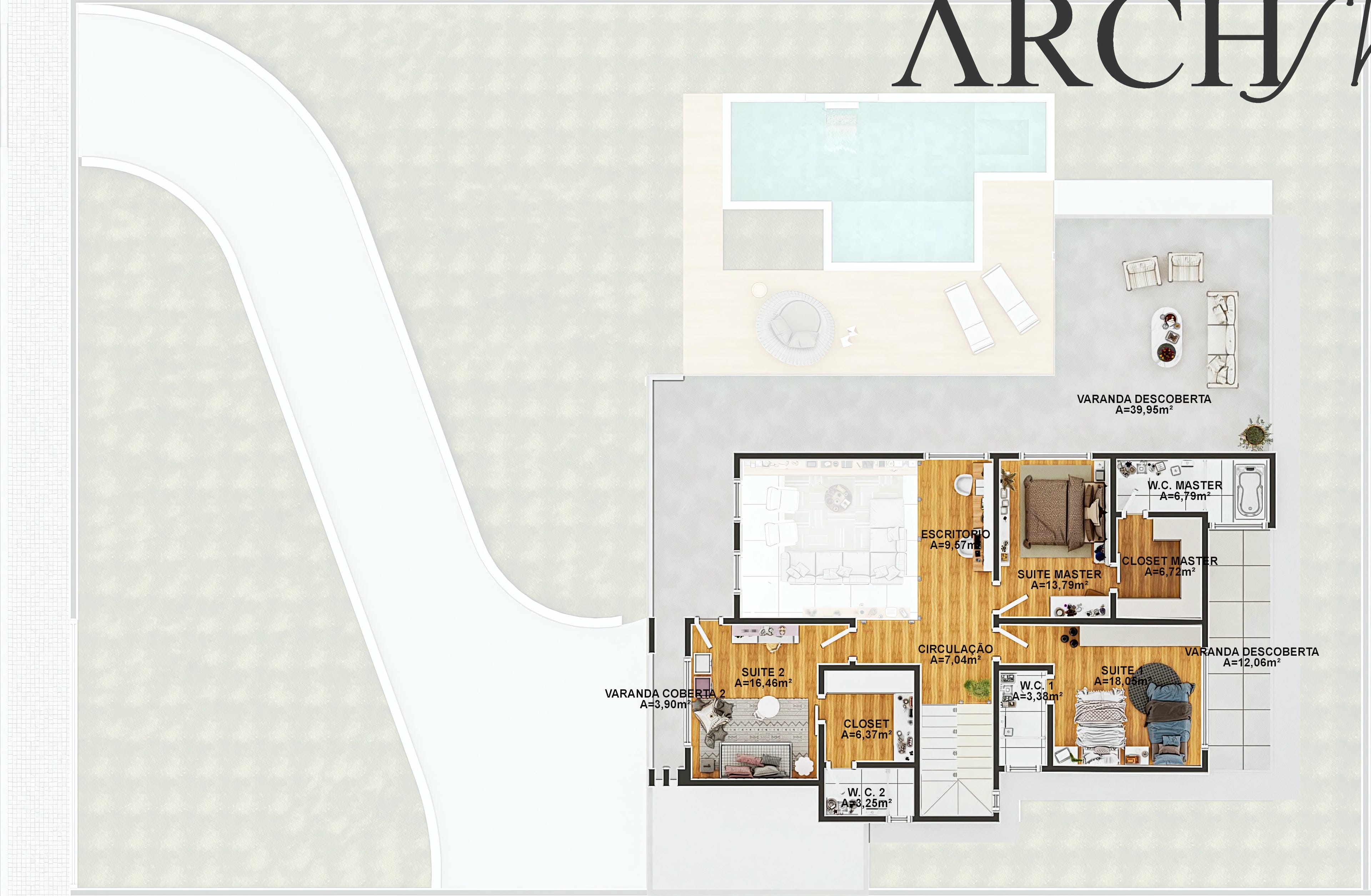 Planta baja detallada de casa de dos plantas moderna con 4 suites, destacando sala integrada, oficina en casa, área gourmet y piscina. Visualización clara de los espacios y flujo.