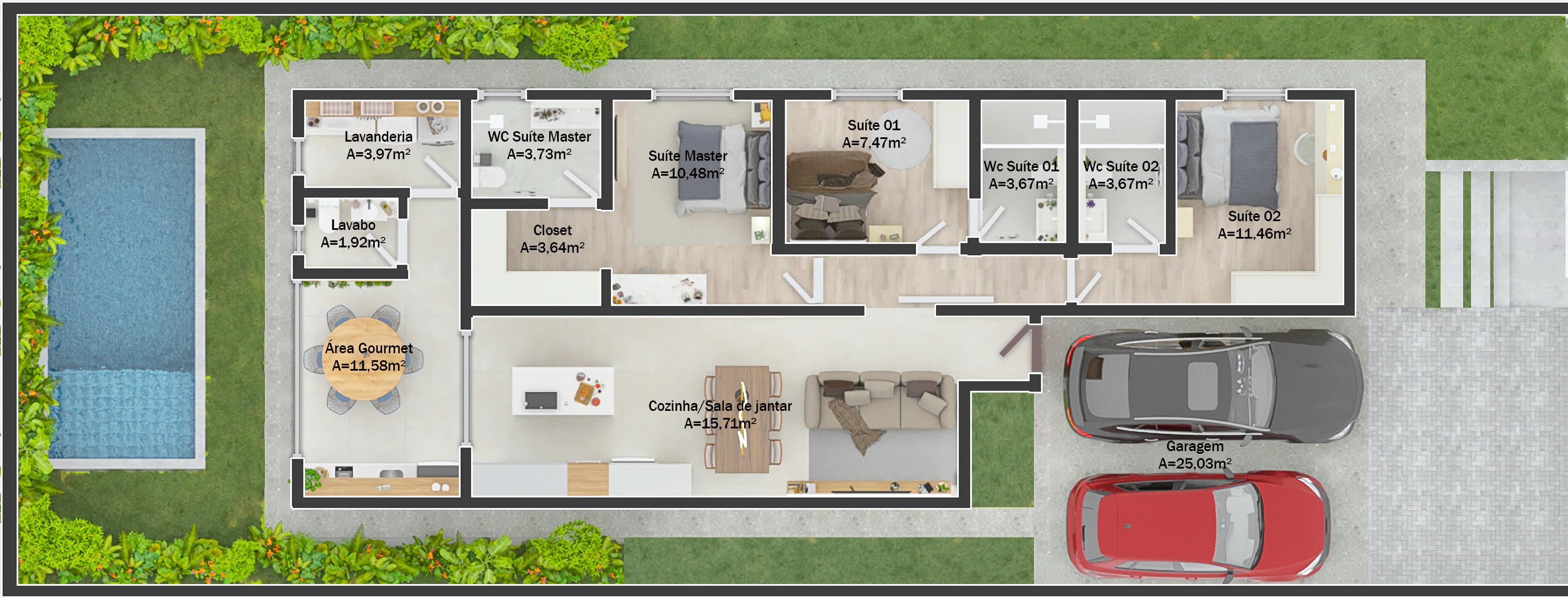 Planta baja de casa moderna de una planta con 3 suites, área gourmet integrada, cocina, comedor y área de ocio con piscina.