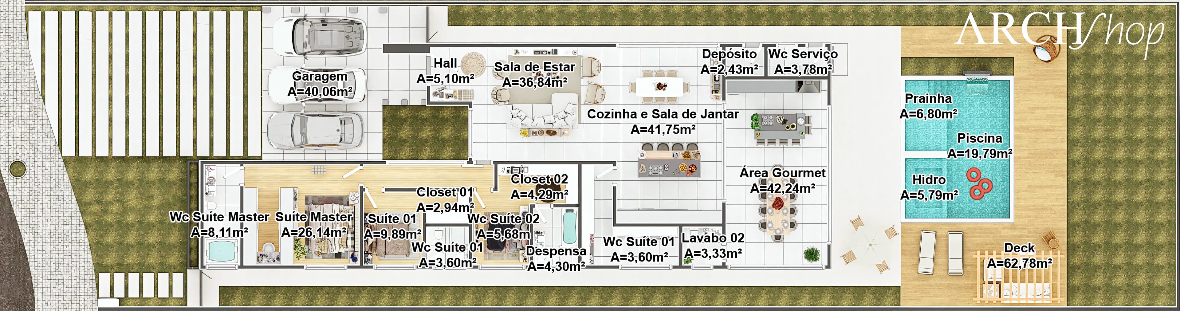 Planta baja de casa de una planta moderna con 3 suites, destacando el área gourmet completa con barbacoa y la piscina con deck integrado.