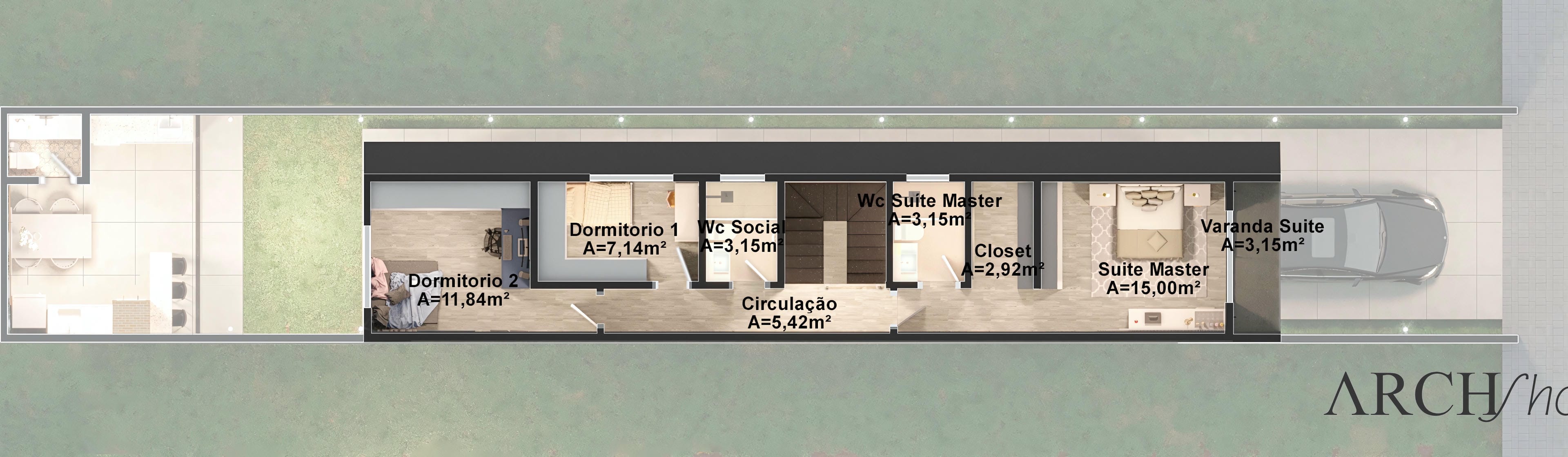 Plano de casa moderna con 3 dormitorios, siendo 1 suite principal con vestidor y balcón, 2 habitaciones, 4 baños, área gourmet y 2 plazas de garaje.