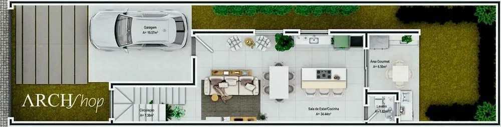 Planta baja de una casa pequeña y moderna, de dos plantas con 3 dormitorios y área gourmet compacta, Proyecto Turquía.