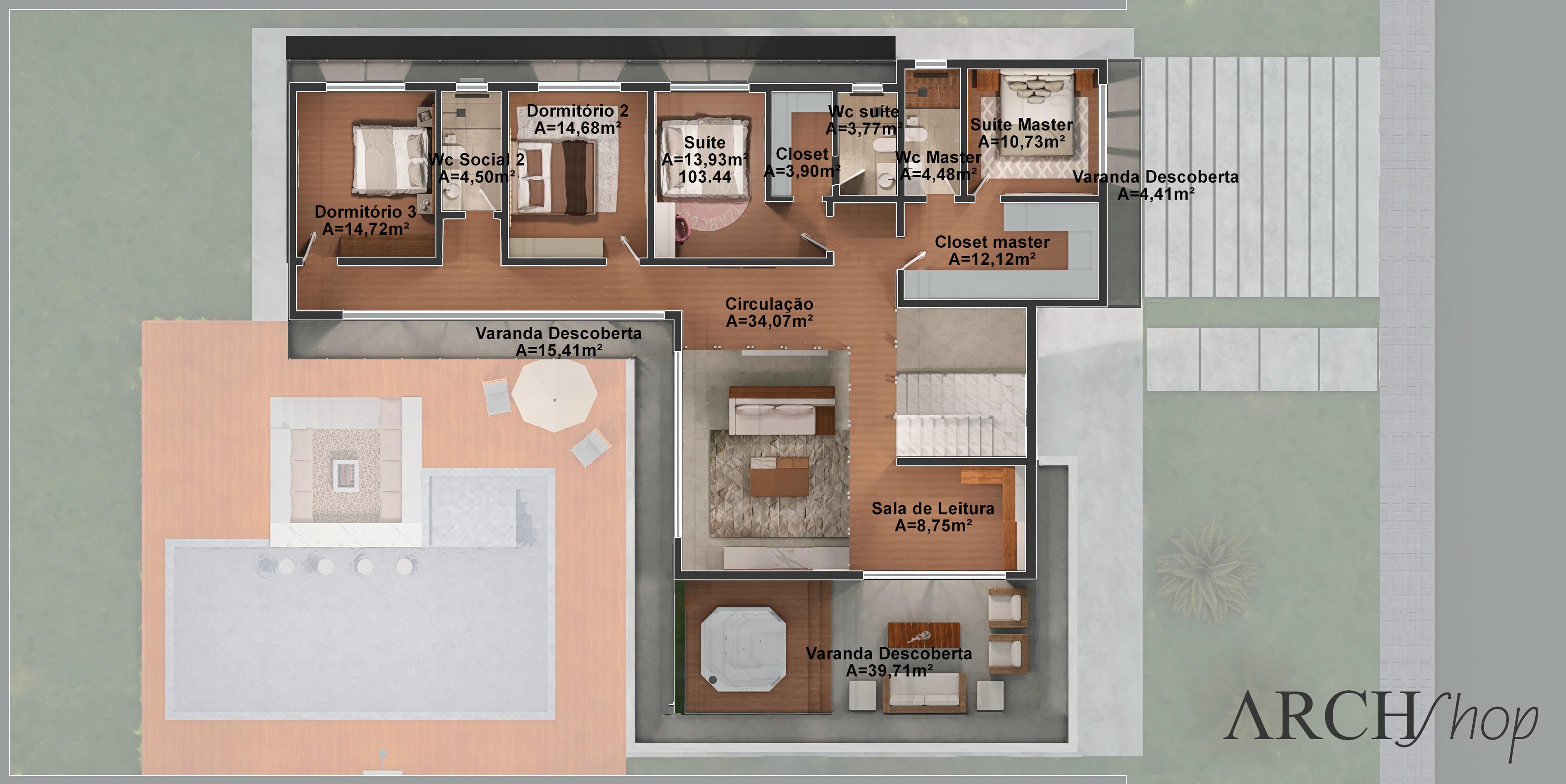 Planta baja detallada de casa de dos plantas neoclásica con 5 habitaciones, incluyendo suite master, sala de lectura, oficina, área gourmet y piscina.