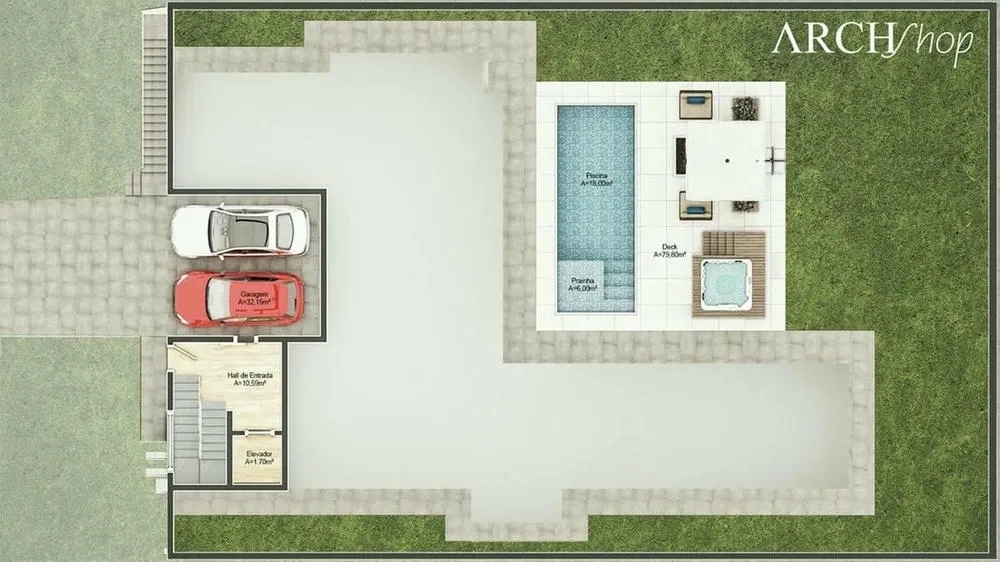 Plano de planta del nivel de la calle del Proyecto Malta, mostrando cocina con isla y área gourmet.
