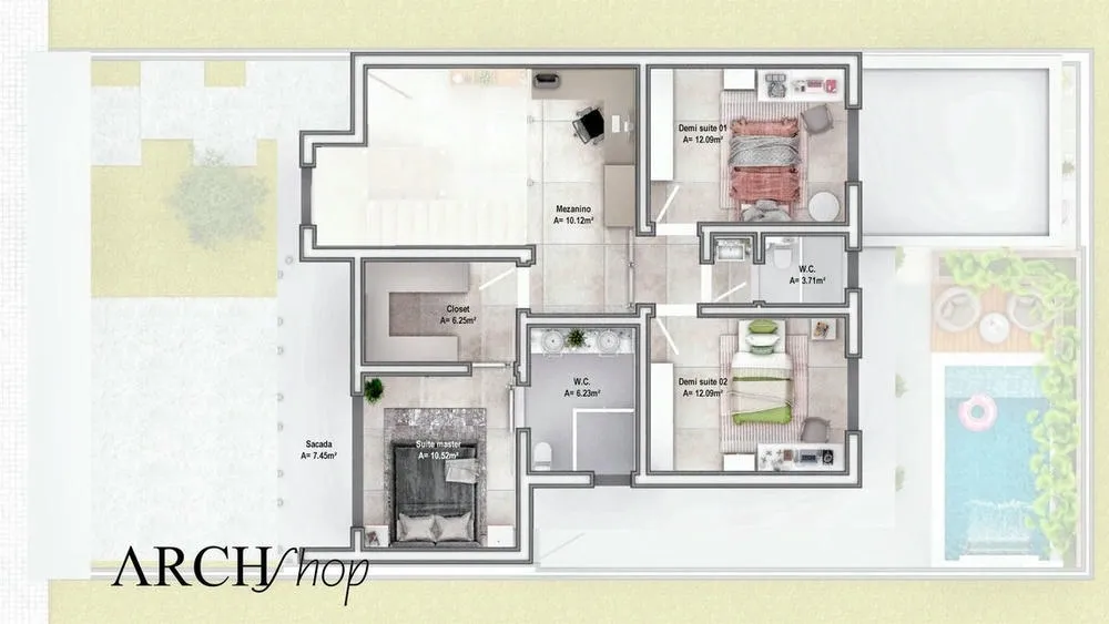 Plano de planta del nivel superior del Proyecto Bélgica, con entrepiso, semi-suite y suite principal con vestidor y balcón.