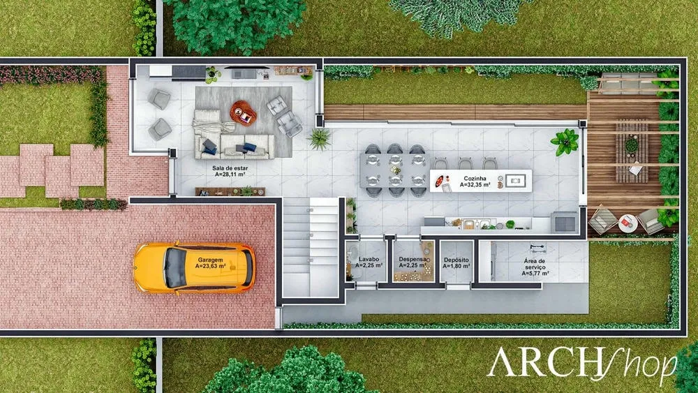 Planta humanizada do pavimento térreo de um sobrado com sala, cozinha e lavabo integrados.