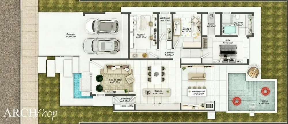 Planta de casa com 3 quartos e 1 suíte moderna, com 2 banheiros, área gourmet e piscina, Projeto Toledo.