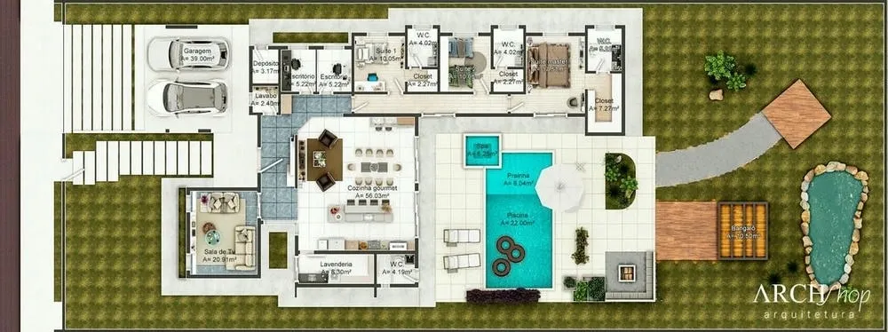 Modelo de planta de casa com 3 quartos, 5 banheiros e escritório, Projeto Marselha.