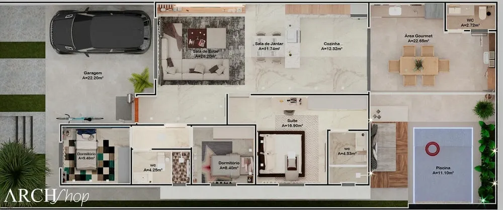Planta humanizada de casa térrea com três quartos, piscina e área gourmet.