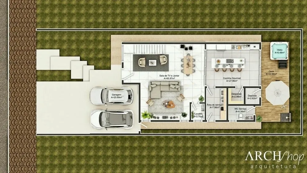 Exemplo de planta de casa com 3 suítes, sobrado e sacada, Projeto Casablanca.