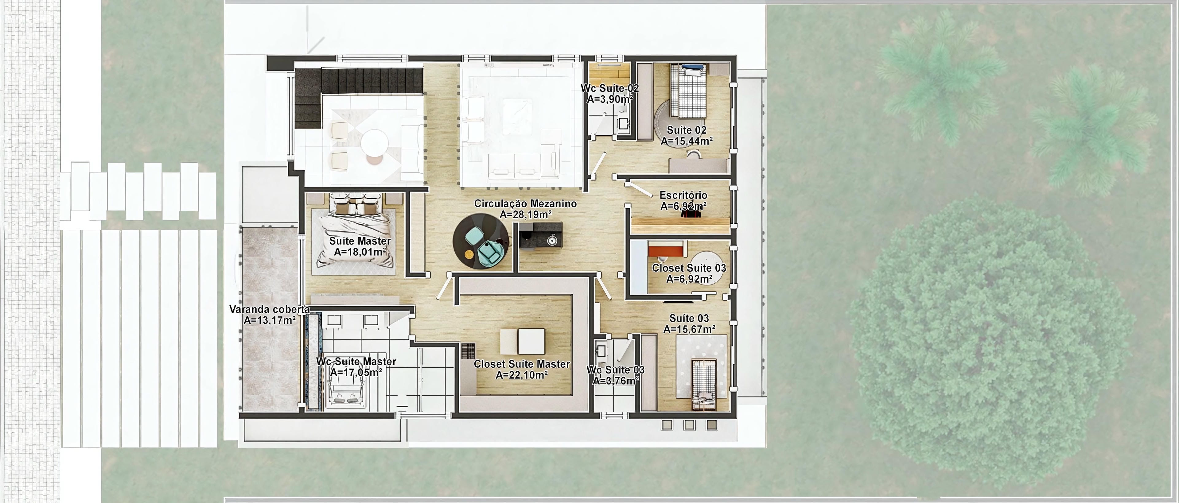 Planta baixa de sobrado moderno com 4 suítes, incluindo suíte master espaçosa, escritório funcional e ampla circulação mezanino.