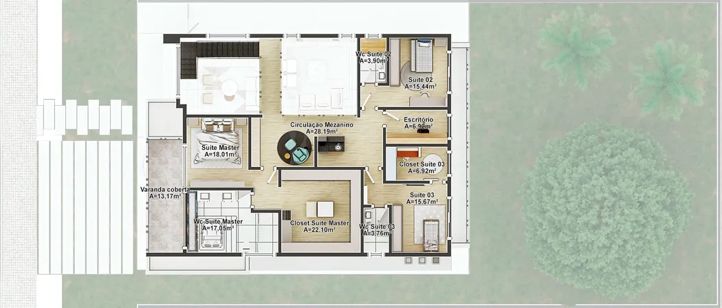 Planta baixa de sobrado moderno com 4 suítes, incluindo suíte master espaçosa, escritório funcional e ampla circulação mezanino.