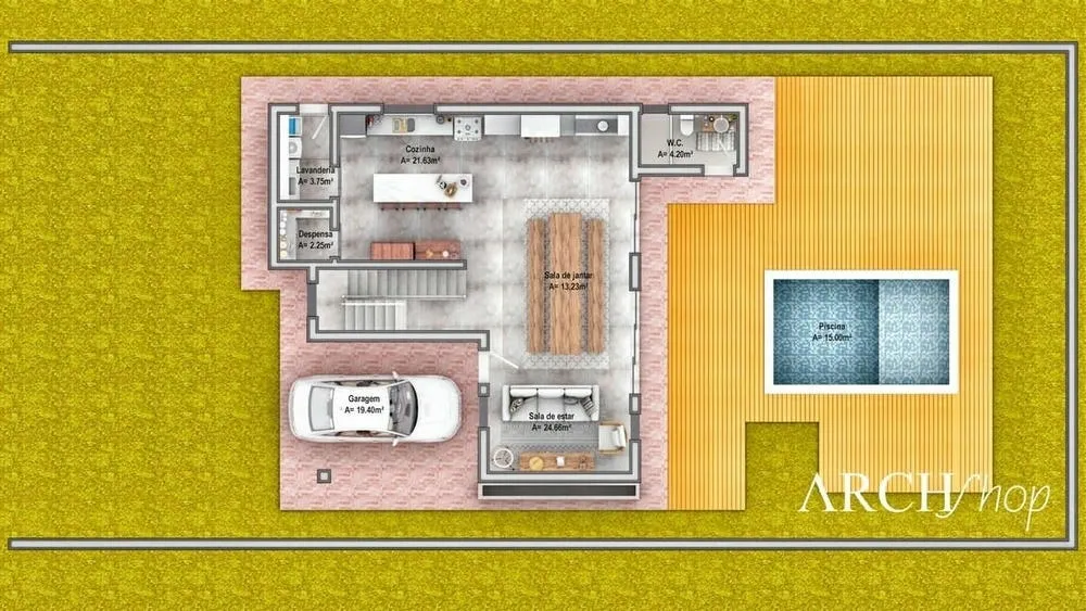 Modelo de planta de casa de campo, sobrado com 3 quartos e telhado aparente, Projeto Havana.
