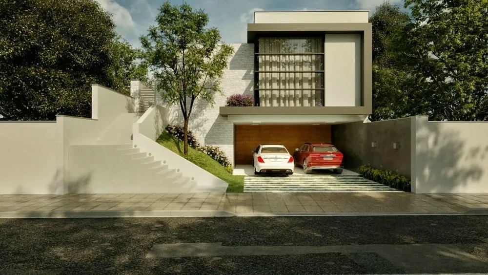 Fachada de una casa moderna en pendiente ascendente con área gourmet, piscina y amplias ventanas.