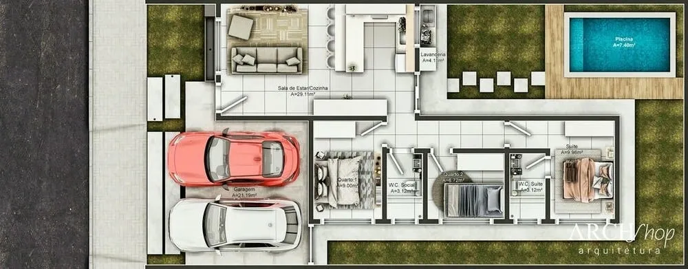 Planta humanizada de uma casa pequena com 3 quartos, piscina e cozinha integrada, do Projeto Valência.
