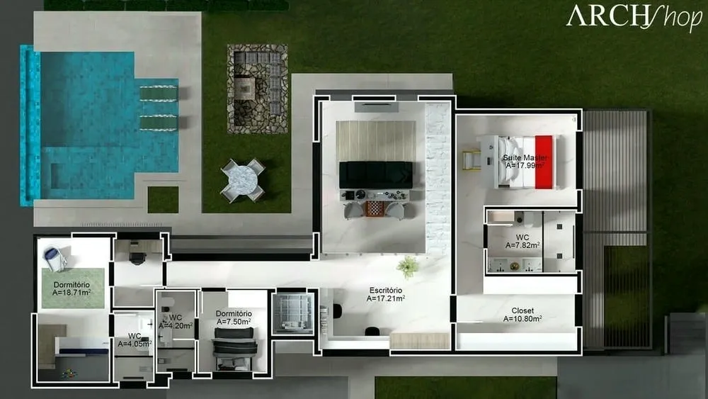Imagem com planta de casa com quatro suítes, fogo de chão e piscina infinita, ideal para luxo e conforto. 