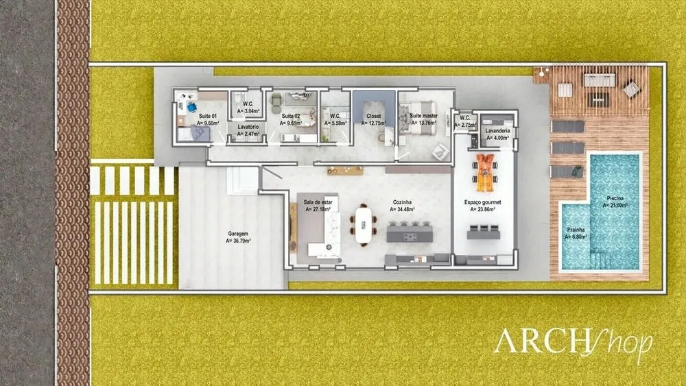 Modelo de planta de casa térrea com 3 quartos, conceito aberto, piscina e pergolado, Projeto Toronto.