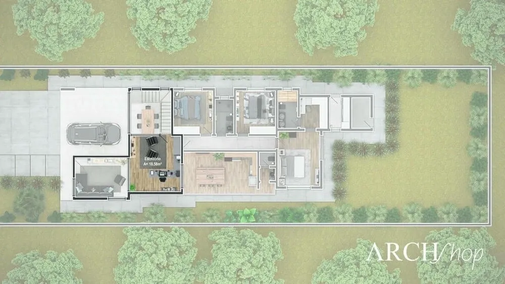 Exemplo de planta de casa térrea com três quartos e escritório suspenso, Projeto Munique.