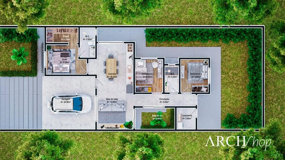Planta humanizada de casa térrea com três quartos, sendo uma suíte master, e jardim de inverno.