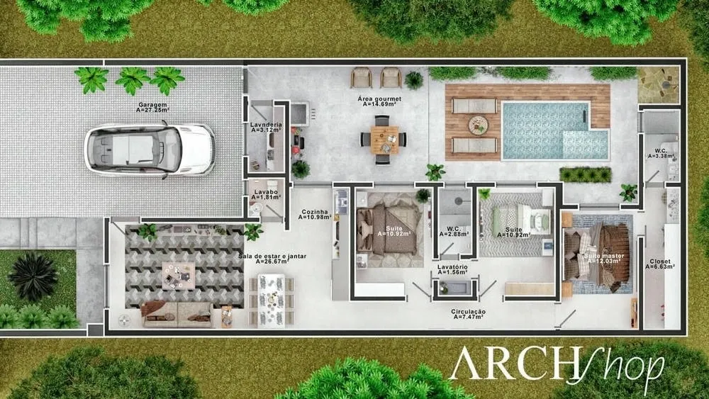 Exemplo de planta de casa térrea com 3 suítes e área gourmet bem planejada, Projeto Dallas.