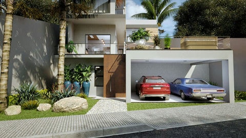 Planta de casa com 4 suítes e fachada moderna.