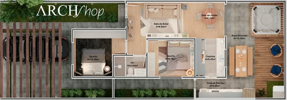 Plano humanizado de una casa pequeña con dos dormitorios, piscina y área gourmet.