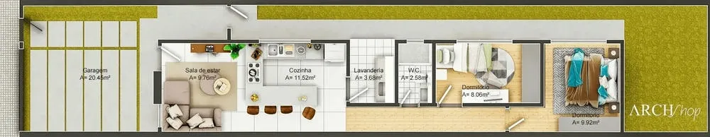 Planta humanizada de uma casa pequena com dois quartos, cozinha e sala integradas.