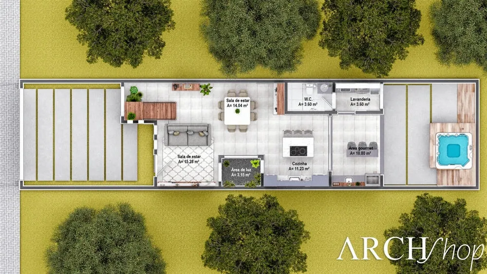 Planta humanizada do pavimento térreo de um sobrado com sala, cozinha e jardim de inverno.