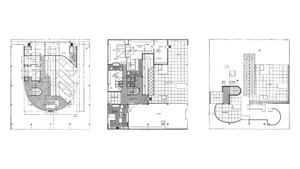 Diagramas de plantas bajas de la Villa Savoye, ilustrando el concepto de planta libre de Le Corbusier, sin paredes estructurales internas.