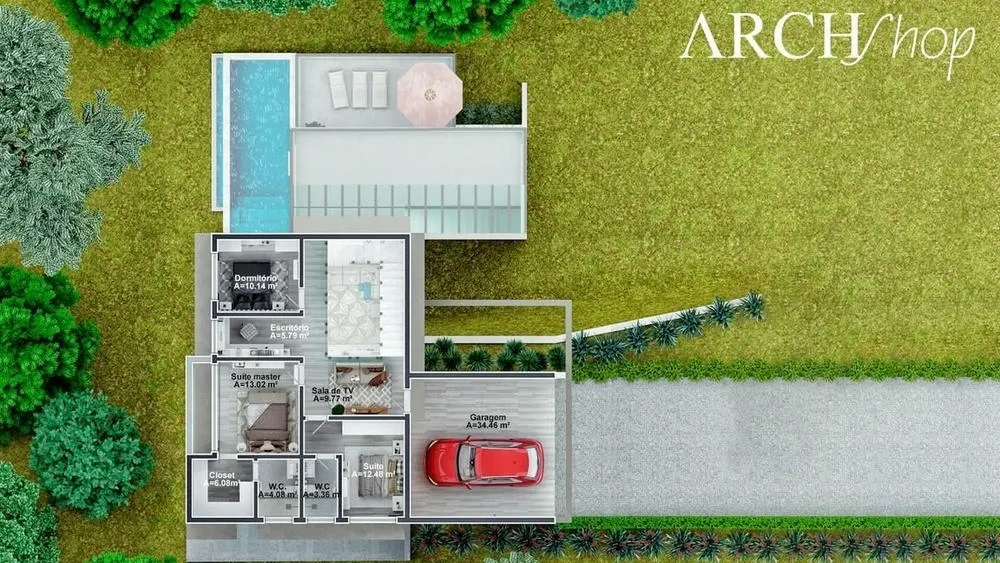 Planta de quatro quartos para declive com área gourmet e piscina, com um design funcional e adaptado ao terreno.