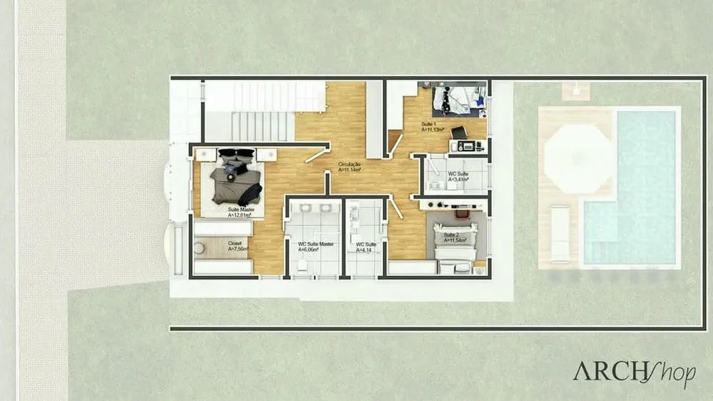 Planta baixa do Projeto Seattle, mostrando a distribuição de 3 quartos e ambientes integrados.