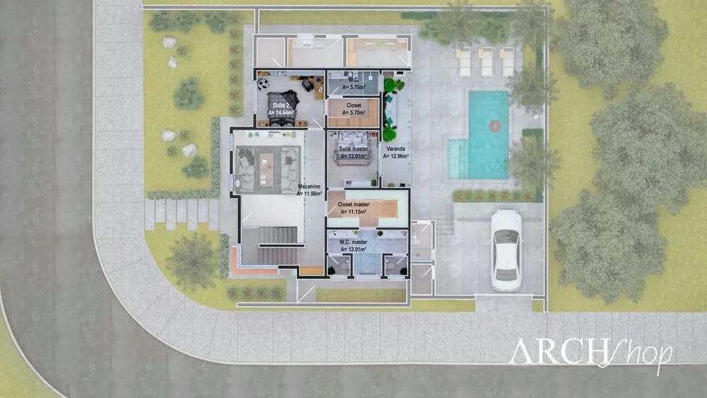 Planta baixa do pavimento superior do Projeto Beverly Hills, com 3 suítes e piscina.